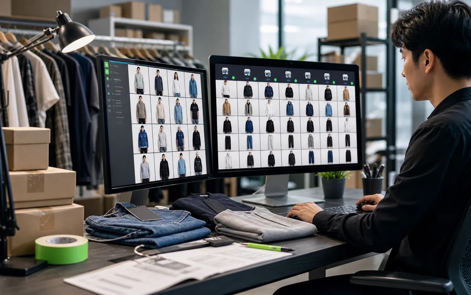 服装电商运营在多屏幕上批量管理商品图