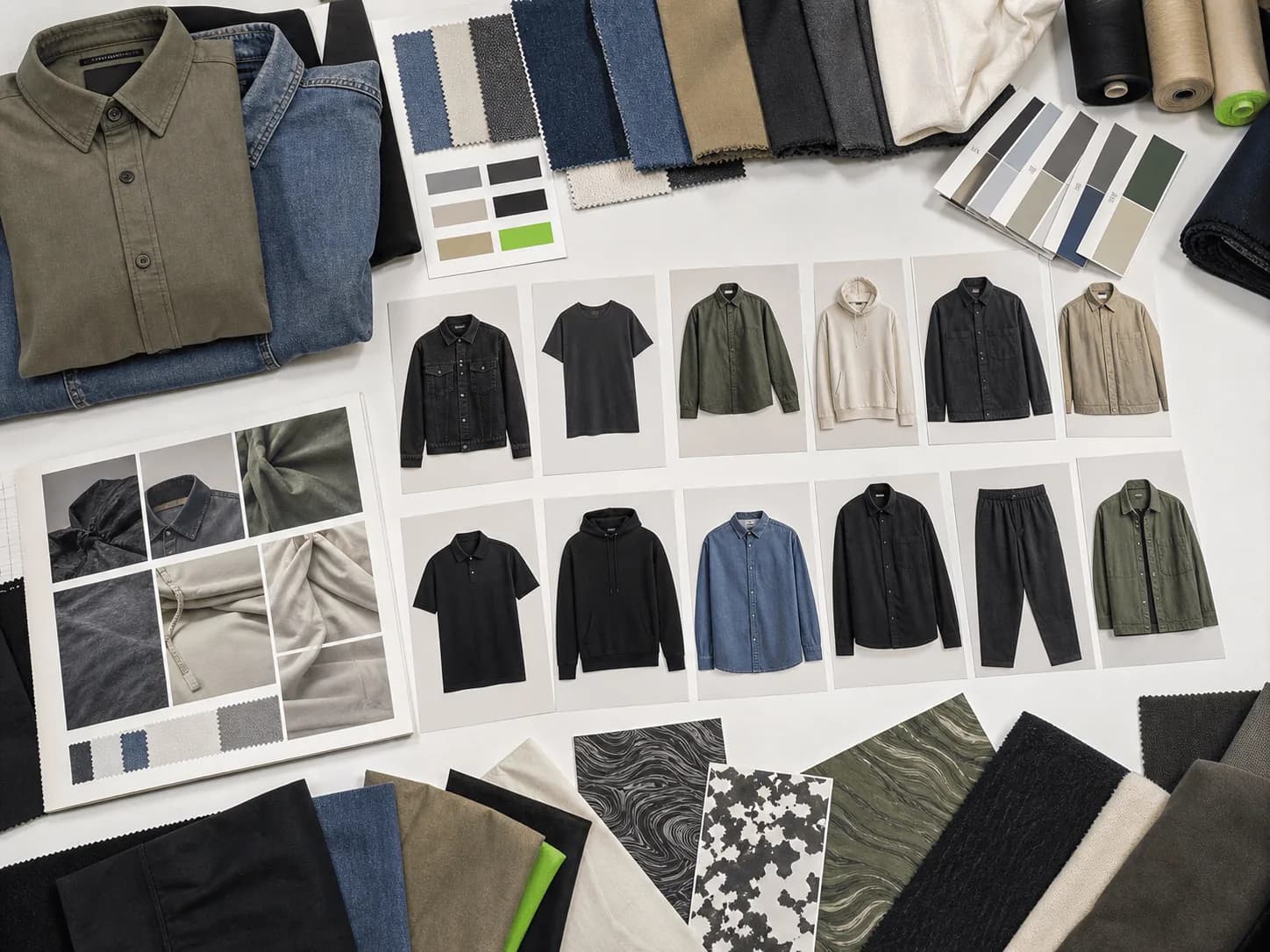 服装模板、款式图和面料色卡组成的工作台